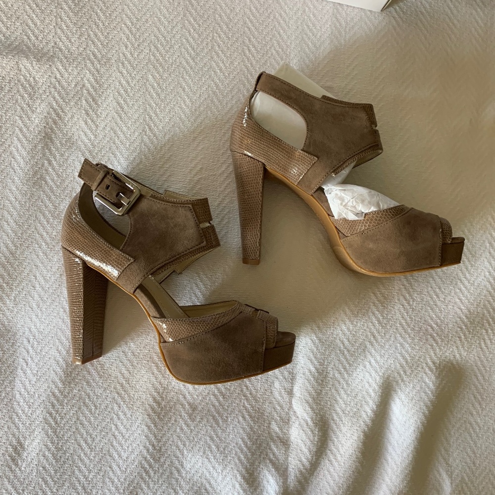 Calvin Klein Suede Taupe High Heels, size 6.5